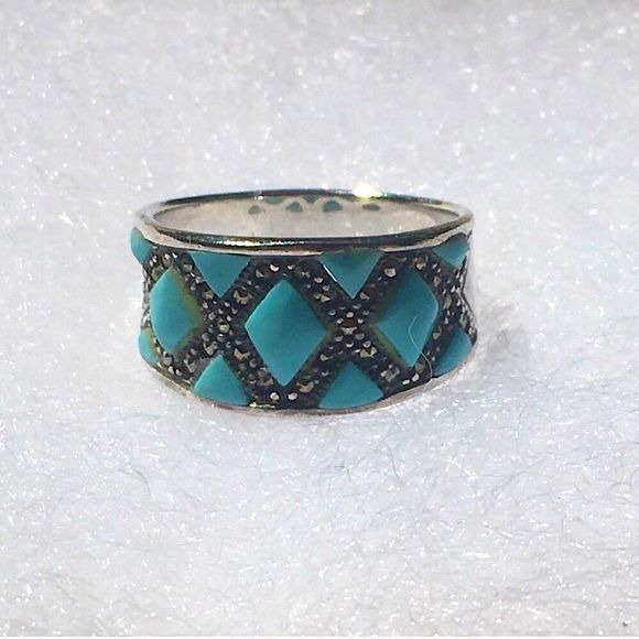 Vintage Sterling Turquoise Marcasite Inlay Ring 7.75 - Picture 2 of 12